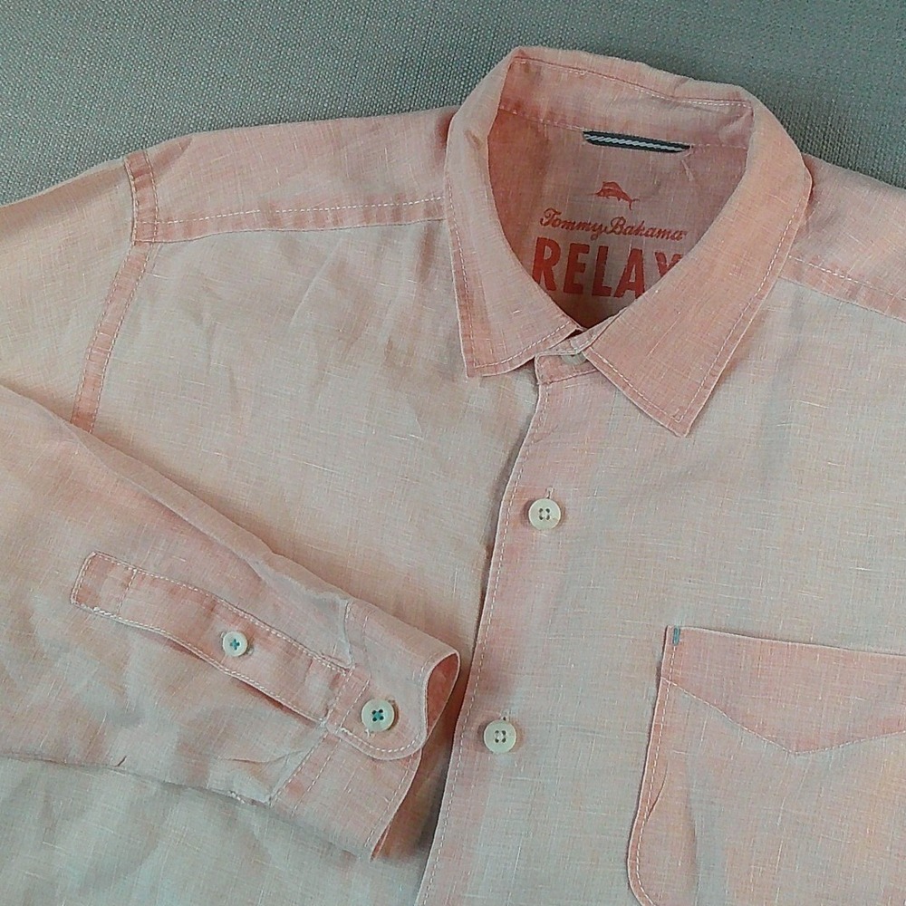 Tommy Bahama Button Down Shirt Mens Large Peach Relax 100% Linen Long Sleeve